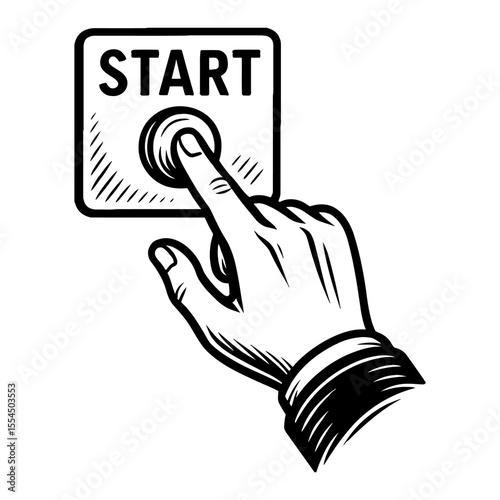 Hand Pressing Start Button Black and White Outline Line Art Drawing Vintage Engraving Style Isolated Object
