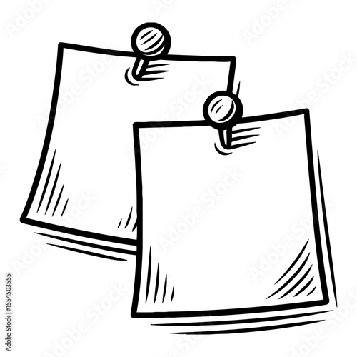 Two Blank Note with Pin Black and White Outline Line Art Drawing Sketch Illustration