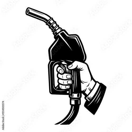 Hand Holding Gas Pump Nozzle Black and White Outline Line Art Drawing Fueling Station Symbol