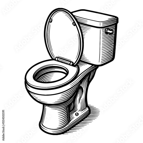 Classic Retro Style Toilet with Open Lid Black and White Outline Line Art Drawing Vintage Etching