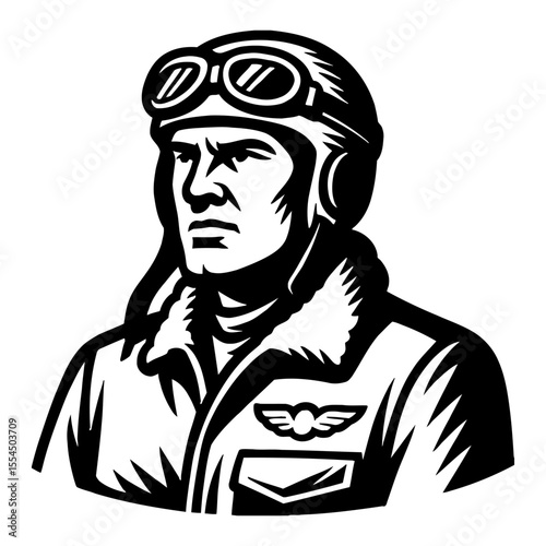 Wallpaper Mural Determined Male Aviator Pilot Wearing Vintage Helmet and Goggles with Wing Emblem Black and White Outline Line Art Drawing Style Torontodigital.ca