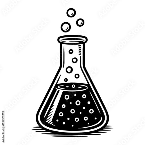 Scientific Chemistry Erlenmeyer Flask with Bubbles Black and White Outline Line Art Drawing