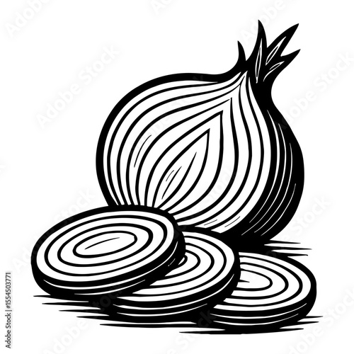 Sliced Onion with bulb Black and White Outline Line Art Drawing Illustration in Engraving Style