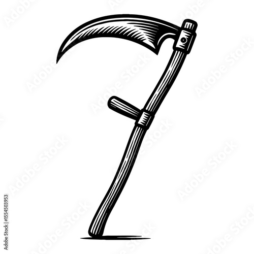 Black Sickle Tool for Harvest Reaper Scythe in Black and White Outline Line Art Drawing