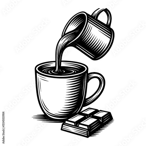 Vintage Style Hot Drink Being Poured into Mug with Chocolate Bar Black and White Outline Line Art Drawing