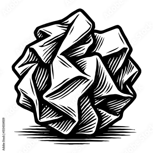Crumpled Paper Ball Black and White Outline Line Art Drawing for Creative Concept Ideas