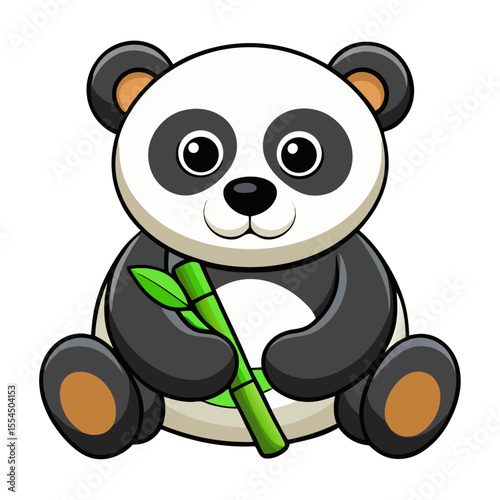 Cute cartoon panda sitting and holding a bamboo stalk with green leaves