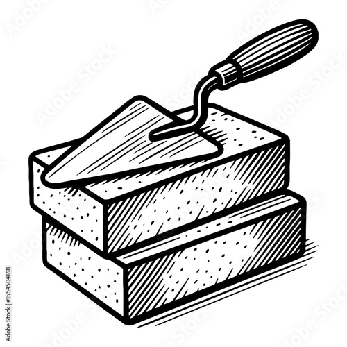 Brick and Trowel Stacked Black and White Outline Line Art Drawing Isolated Construction Tool
