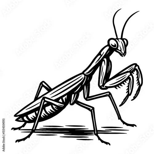 Praying Mantis Insect Predator Profile Black and White Outline Line Art Drawing Illustration