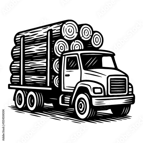 Heavy Duty Logging Truck Carrying Wood Logs Side View Black and White Outline Line Art Drawing Vintage Style Isolated Object