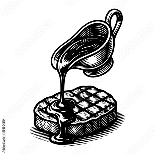 Steak with Gravy Pouring Sauce from Gravy Boat Black and White Outline Line Art Drawing