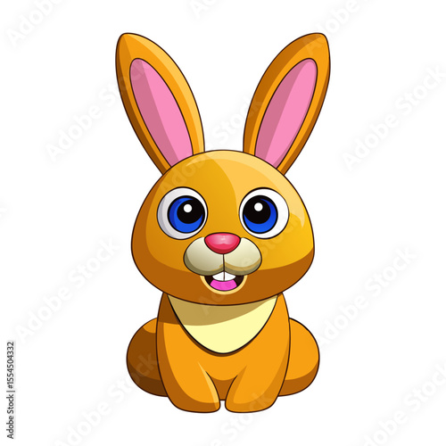 Cute cartoon orange bunny rabbit with big blue eyes and pink inner ears sitting happily on a white background