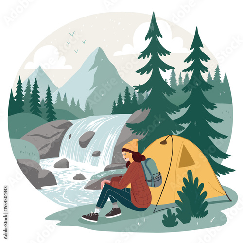 A female solo camper sitting near a tent beside a gushing mountain waterfall, surrounded by green pine trees, wearing cozy travel gear