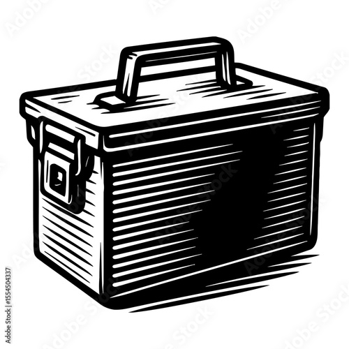 Metal Toolbox Illustration in Vintage Style Black and White Outline Line Art Drawing