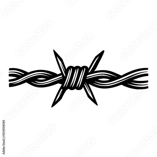 Detailed Barbed Wire Segment Black and White Outline Line Art Drawing Vector Illustration Isolated Object