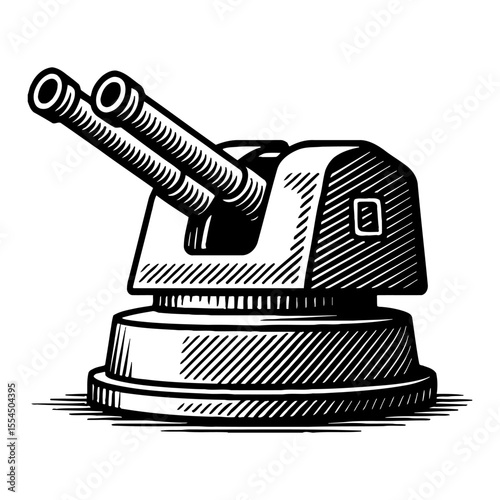 Double Barrel Naval Gun Turret Black and White Outline Line Art Drawing Military Weaponry Cannon
