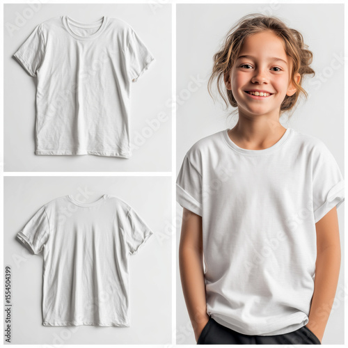 Collage of standing young girl model in white tshirt mockup and lying tee, front and rear side mockup. Kids flat lay t-shirt front and back view. Youths blank short sleeve crewneck tee template