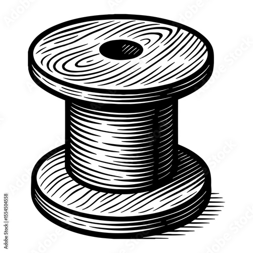 Spool Of Thread Yarn Black and White Outline Line Art Drawing Retro Style Graphic Detail