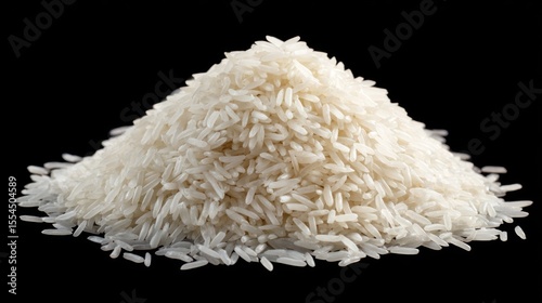 Pile of white rice grains against a dark background.