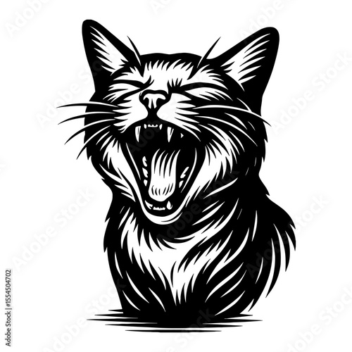 Fierce Yawning Roaring Cat Head Portrait Black and White Outline Line Art Drawing with Open Mouth Fangs Whiskers