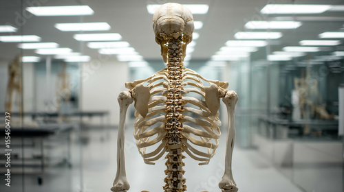 Detailed view of a human skeleton model in a modern laboratory environment.