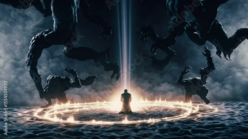 Man kneeling in powerful prayer surrounded by darkness, spiritual battle driving away evil forces, divine protection concept of faith overcoming fear and inner demons