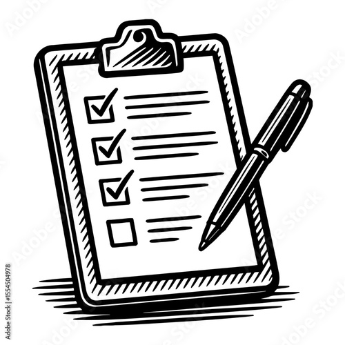 Checklist With Pen Black and White Outline Line Art Drawing Document Clipboard Illustration
