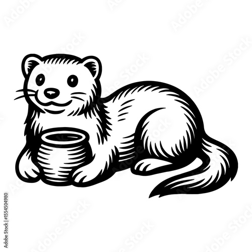 Cute Ferret Holding a Pot Black and White Outline Line Art Drawing Vector Illustration
