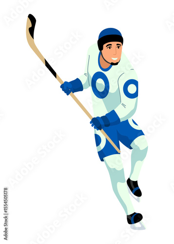 Hockey player. Ice hockey team sport, men with hockey sticks. Sportsman with helmet in cartoon flat style. Vector illustration isolated on white background