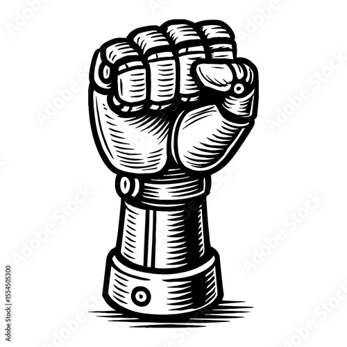 Hand Fist Protest Revolution Symbol Raised Up in Black and White Outline Line Art Drawing