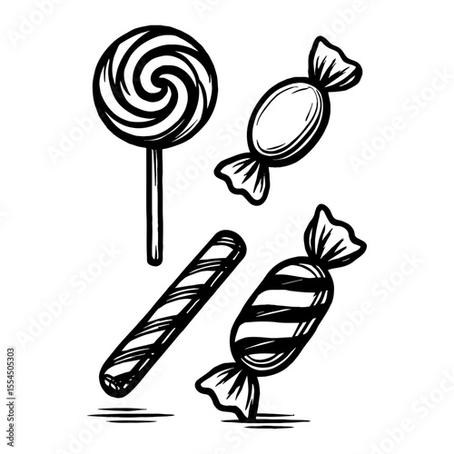 Candy Lollipop and Wrapped Candies Black and White Outline Line Art Drawing Illustration