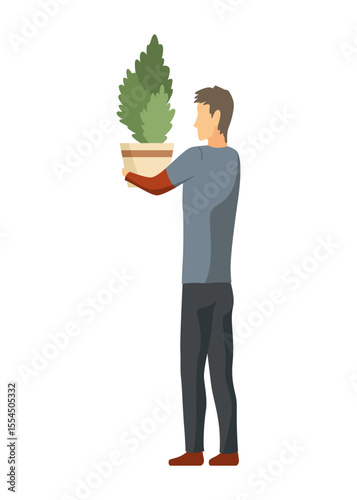 Moving house service. Mover or delivery worker carrying boxes and furniture. Moving house, people packing things. Supplies logistic transportation. Cartoon vector illustration