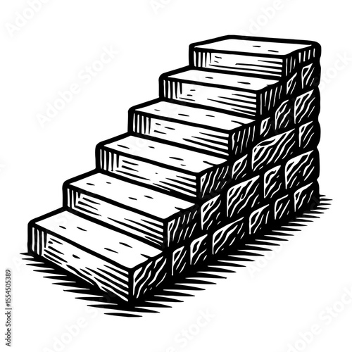 Stairs Stairway in Black and White Outline Line Art Drawing Illustration Woodcut Style Engraving