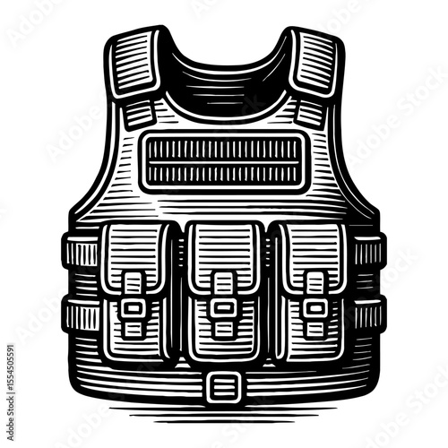 Bulletproof Vest with Pockets Black and White Outline Line Art Drawing Illustration Style