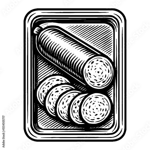 Sausage Slices on Tray Black and White Outline Line Art Drawing Engraving Style Graphic Design