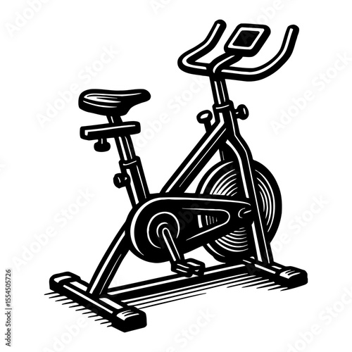 Stationary Exercise Bike in Black and White Outline Line Art Drawing Fitness and Workout Equipment