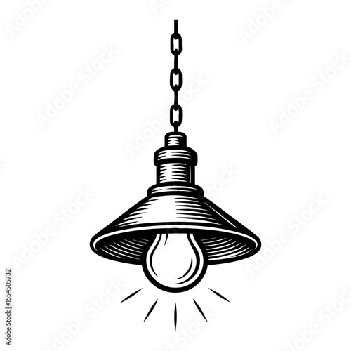 Pendant Light Bulb Hanging on Chain Black and White Outline Line Art Drawing Vintage Style