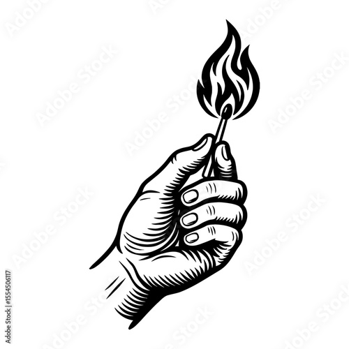 Hand Holding Burning Matchstick Black and White Outline Line Art Drawing Vector Illustration