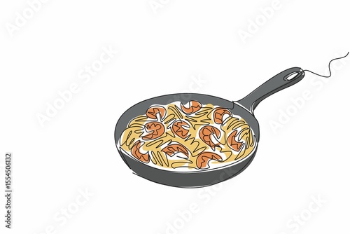 Single continuous line drawing Shrimp scampi served using pan. Cooked, garnished and served in one place. A delicious high protein meal. National Shrimp Scampi Day. One line design vector illustration