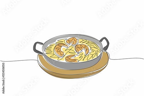 Single one line drawing shrimp scampi served in round pan and wooden cutting board. Serving to keep food warm for a long time. National Shrimp Scampi Day. Continuous line design graphic illustration