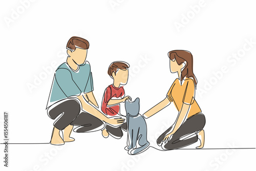Single continuous line drawing a father and mother and their son are kneeling while they are all stroking a cat. Love in unity. Warmth. National Pet Parents Day. One line design vector illustration