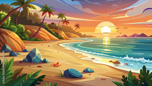 beach, sunrise, ocean, seashells, waves, sand, golden, soft lighting, semi-realistic, calm, detailed, morning, horizon, tropical, warm, gentle, glow, reflection, landscape, shore, peaceful, holiday, n