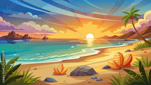beach, sunrise, ocean, seashells, waves, sand, golden, soft lighting, semi-realistic, calm, detailed, morning, horizon, tropical, warm, gentle, glow, reflection, landscape, shore, peaceful, holiday, n