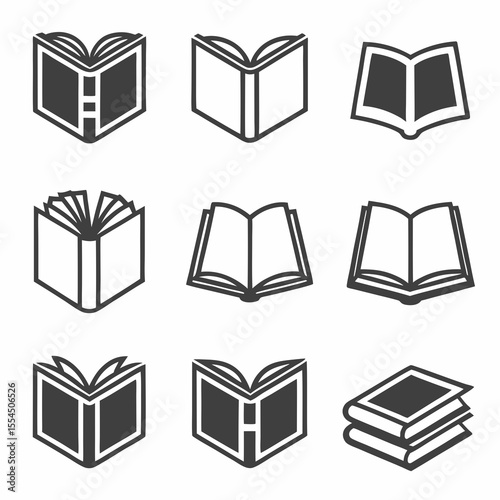 Collection of nine simple dark gray open and closed book icons on a white background
