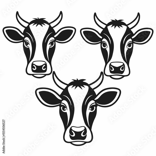 Three black and white cow heads in a stylized vector illustration