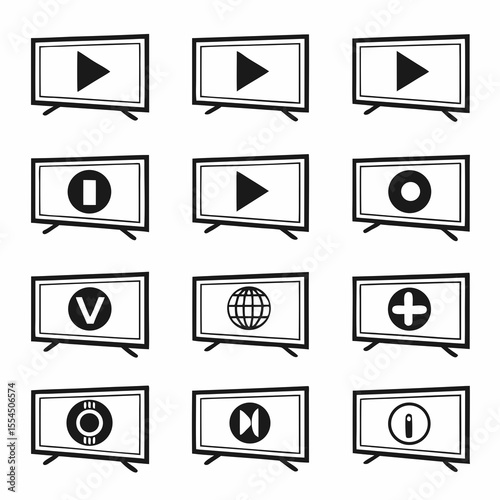 Collection of television screens displaying various media playback and control icons