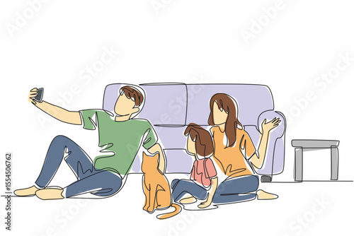 Continuous one line drawing father mother and a daughter sitting on floor with a cat having a fun wefie. Warmth of family. Love. National Pet Parents Day. Single line draw design vector illustration