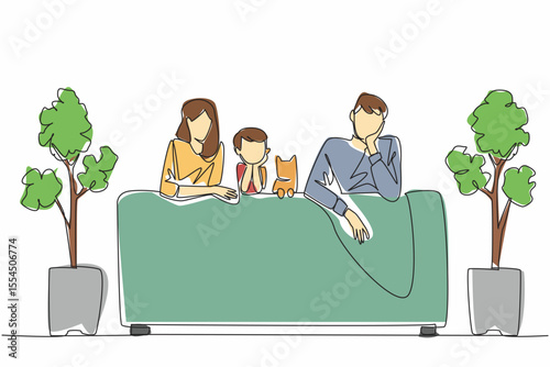 Single one line drawing mother and father, a son and a cat sitting on the sofa, their backs to the sofa. Uniqueness of the family. National Pet Parents Day. Continuous line design graphic illustration
