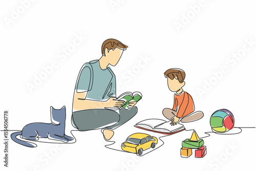 Single continuous line drawing father sits on the floor with son and reads a book to him. Channeling the hobby of reading while playing. National Pet Parents Day. One line design vector illustration