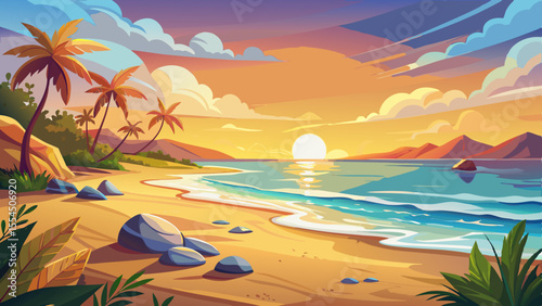 beach, sunrise, ocean, seashells, waves, sand, golden, soft lighting, semi-realistic, calm, detailed, morning, horizon, tropical, warm, gentle, glow, reflection, landscape, shore, peaceful, holiday, n